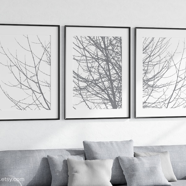 Tree Art Prints, Set of 3 prints, Contemporary Tree Branches Wall Art, Tree Wall Decor, Woodland Art, Grey Tree art, CHOOSE YOUR COLOR