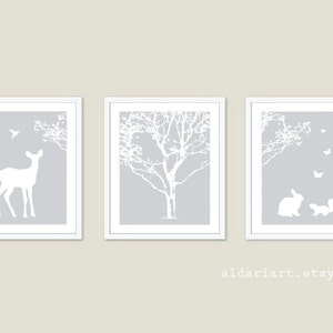Woodland Nursery Art Prints - Nursery Wall Art Nursery Decor - Tree Fawn Bird Rabbit Squirrel Butterflies Wall Art - Grey and White