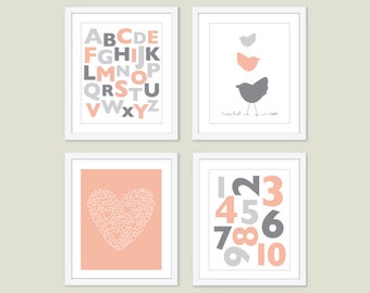 Baby Girl Nursery Art Prints - Peach and Grey Nursery Wall Art - Alphabet and Numbers Nursery Decor - Baby shower gift - ELEGIR TU COLOR
