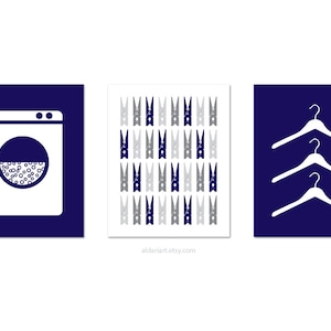 Laundry Room Art Prints, Set of 3, Laundry Wall Art, clothespins print, laundry icons print, laundry decor, navy color, CUSTOM COLOR