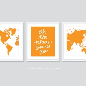 World Map Travel Nursery Art Prints - Set de 3 tirages - Oh The Places You’ll Go Quote - Modern Nursery Decor - Orange