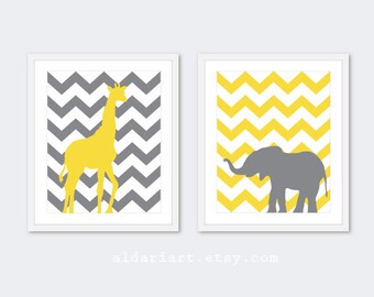Giraffe and Elephant Chevron Art Prints - Nursery Print Set - Yellow and Grey - Safari Animals Wall Art - Nursery Decor - Nursery Wall Art