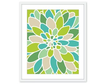 Absrtact Dahlia Flower Art Print - Modern Flower Wall Art -  Home Decor - Lime Green Teal Turquoise Tan - Nursery Flower Art