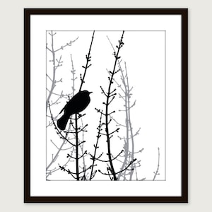Black and White  Bird on Twig Art Print - Modern Home Decor - Woodland Branches - Scandinavian Bird Art - Perched Bird Art