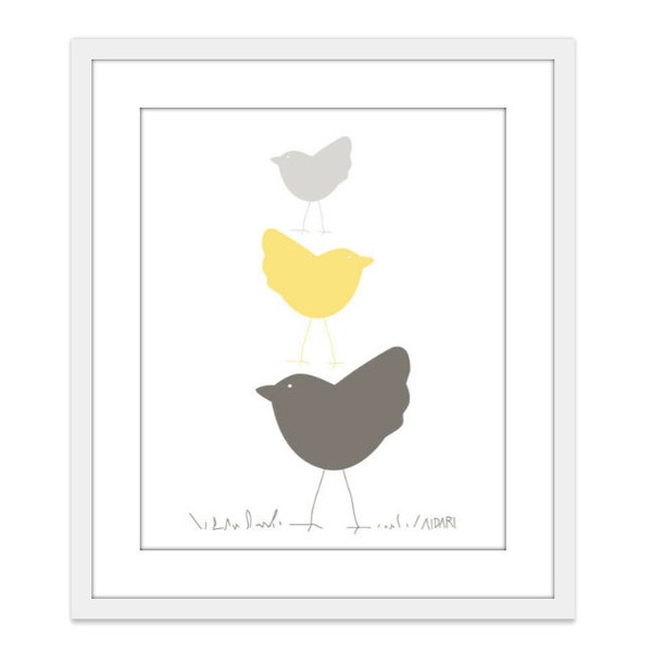 Birds Nursery Art Print - Baby Nursery Art Print - Yellow and Grey Taupe - Stack of Three Birds