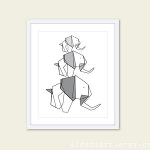 Impressão de elefante, decoração de parede de animal, impressão de família de elefante, impressão de arte geométrica moderna de elefante