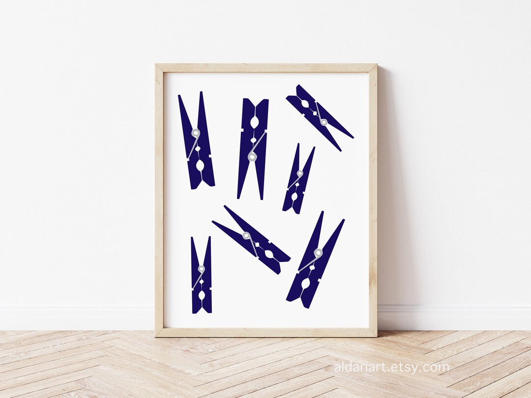 Clothespins Art Print, Laundry Wall Art, Navy Blue Laundry Room Wall ...