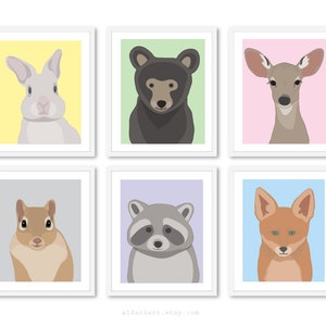 Woodland Animals Art Prints - Set of Six - Bear Raccoon Deer Rabbit Fox Squirrel - Nursery Animals Wall Decor - Woodland Nursery Art Prints