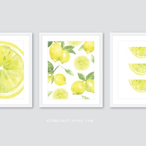 Lemon Art Prints, Lemon Wall Art , Watercolor Lemons Prints, Modern Kitchen Wall Art, Set of 3  prints, Yellow Decor, Fruit Wall Decor