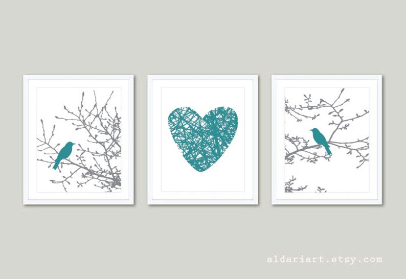 Gray and Coral Set of 3 Wall Art Modern Decor Aldari Art Birds on Branches Prints Birds on Magnolia Tree Branches and Heart Prints