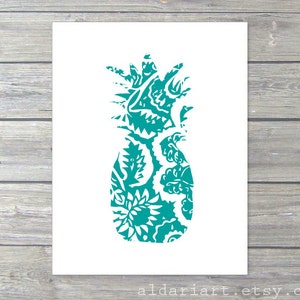 Pineapple Art Print - Pineapple Wall Art - Pineapple Artwork - Tropical Fruit Art - Teal Turquoise Blue and White Pineapple