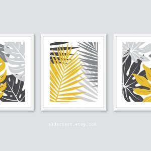 Leaf Wall Art, Tropical Leaves Art Prints, Botanical Wall Art, Leaf Wall Decor ,Set of 3 prints, Mustard Yellow and Gray Art, Custom Colors