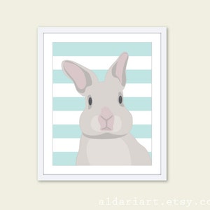 Rabbit Art Print - Rabbit Wall Art - Grey and Blue Art - Rabbit and Stripes Print - Pastel Nursery Decor - 8x10 - Custom Color