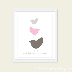 Birds Art Print, nursery wall art, Three Birds in Pink Nursery Art Print, Baby shower art gift