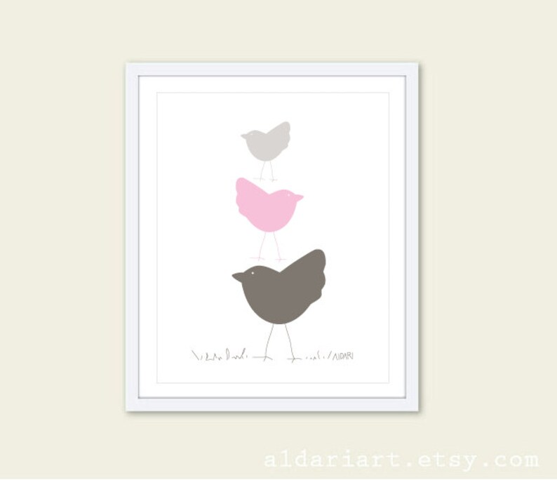 Birds Art Print Nursery Wall Art Three Birds in Pink Nursery Etsy