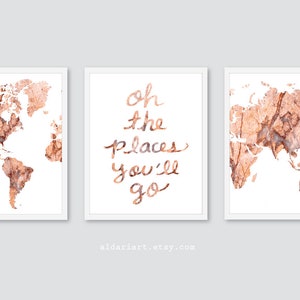 Peach Marble World Map Prints - Collection Nursery Art Prints - Ensemble de 3 Estampes - Oh The Places You'll Go Quote - Modern Nursery Decor