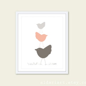 Nursery Birds Wall Art Print Three Birds in Peach Nursery Art Print - Baby Girl art gift