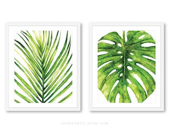 Palm Leaf Art Print - Monstera Leaf Art Print - Tropical Leaf Wall Art - Monstera Wall Decor - Greenery Botanical Art Print Set of 2 prints