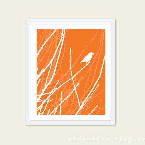 Frühling Vogel Kunstdruck Mandarine Orange und weiß - Vogel auf Zweig Wandkunst - Vogel Frühling moderne Dekor