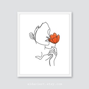 Art de ligne abstrait, dessin minimal de ligne de visage, art moderne noir et blanc de mur, dessin abstrait et de ligne de fleur de femme, COLOR de flower CUSTOM