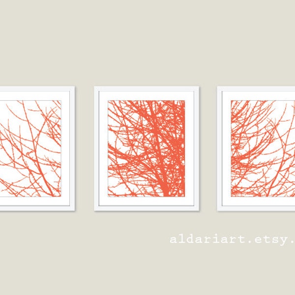 Modern Tree Branches Print Set  Abstract Tree Wall Art Coral And White Home Decor Woodland Inspired