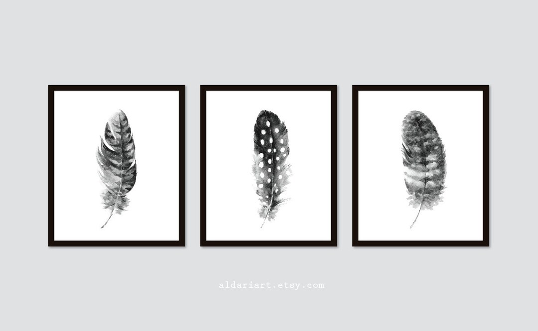 Feather Art Prints, Black and White Feather Wall Decor, Set of 3 Prints