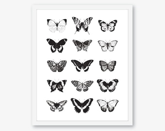 Vlinders Print - Zwart-wit Butterfly Art - Butterfly Wall Art - Minimalistische Wall Art - Monochrome Print