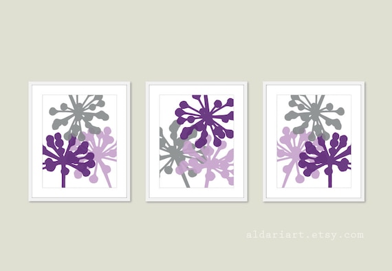 Botanical Wall Art, Flower Wall Decor, Abstract Flower Prints, Set of 3 prints, Girl Bedroom Decor, Purple and Grey Art