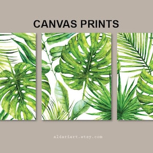 Puede incluir: Tres impresiones en lienzo con ilustraciones de acuarela de hojas tropicales en tonos verdes. Las impresiones muestran varios tipos de hojas, incluyendo hojas de monstera y palmera, sobre un fondo blanco. El texto "CANVAS PRINTS" está en la parte superior.