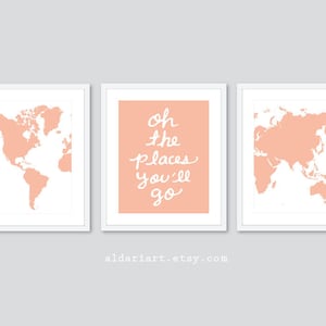 World Map Prints - Travel Nursery Art Prints - Ensemble de 3 Estampes - Oh The Places You'll Go Quote - Modern Nursery Decor - Pastel Peach Decor