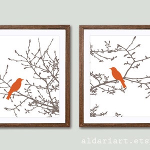 Birds on Branches Art Prints - Modern Birds Art - Set of 2 -  Birds on Magnolia Tree - Rustic Birds - Brown and Pupmkin Orange - Aldari Art