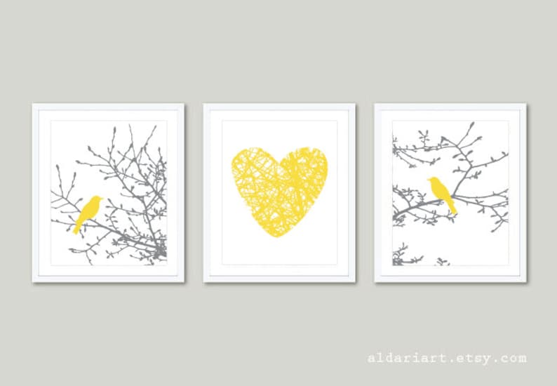 Gray and Coral Set of 3 Wall Art Modern Decor Aldari Art Birds on Branches Prints Birds on Magnolia Tree Branches and Heart Prints