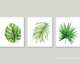 Leaf Wall Art, Monstera Leaf Print, Monstera Wall Art, Plant Art, Leaf Print, Tropical Leaves Watercolor Art, Palm Print - Set of 3 Prints
