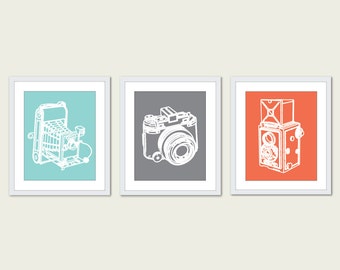camera art prints, camera wall art, set of 3 prints, camera posters, camera decor, gift for photographer, CHOOSE YOUR COLORS