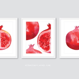 Pomegranate Prints, Pomegranate Wall Art, Pomegranate Decor, Modern Kitchen Wall Art, Set of 3  prints, Fruit Wall Decor