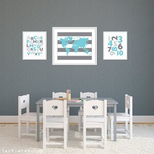 Playroom World Map Abc 123 Art Prints - Gris et Bleu - Alphabet and Numbers Art Prints - Playroom Wall Art