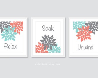 Bathroom Wall Art Bathroom Artwork Bathroom Prints Relax Soak Unwind Prints Bathroom Decor Flower Prints Bathroom Rules Set of 3