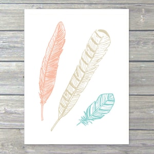 Feathers wall art print, Blush Pink Mint and Tan - Scandinavian modern - Nursery art - Boho Print