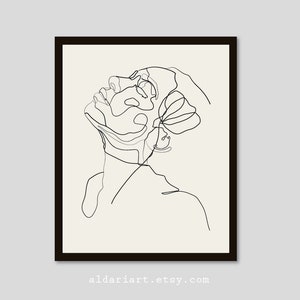 Impression d’art de ligne de femme abstraite, dessin minimaliste féminin de ligne, art moderne de mur, femme avec des fleurs dans l’impression de cheveux, cadre non inclus