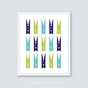 Clothespins Art Print, Laundry Room Wall Art, Laundry Room Decor, Clothespins Poster, Blue and Green, Custom Colors