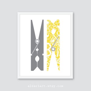 Clothespins Art Print, Laundry Room Wall Art, Modern Home Decor, Laundry Print,  Grey and Yellow, CHOOSE YOUR COLORS