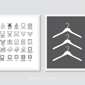 Laundry Room Art Prints  - Set of 2 - Laundry Wall Art - Laundry Icons Print - Hangers Print - Charcoal Grey and White