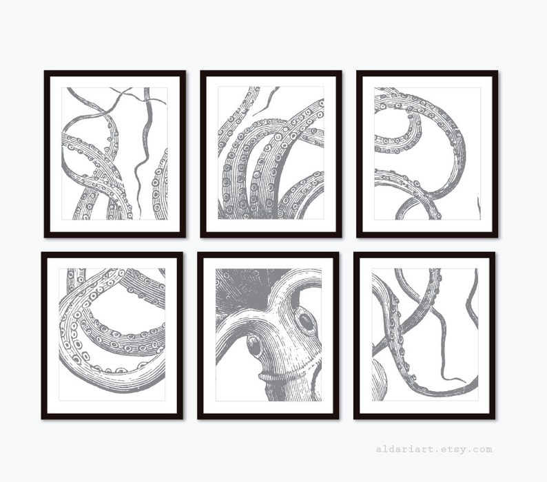 Octopus Art Set of 6 unframed prints Nautical Decor Octopus Wall Art Octopus Prints Nautical Wall Art