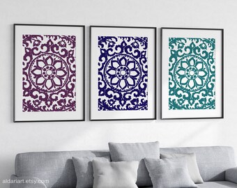 Mandala Wall Art Set of 3 Prints - Abstract Flower Medallion Wall Art - Modern Wall Art - Living Room Wall Decor - Violet Teal Navy