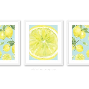 Lemon Art Prints - Lemon Wall Art - Watercolor Lemons Prints - Modern Kitchen Art - Set of 3 - Yellow and Blue Home Decor - Aldari Art
