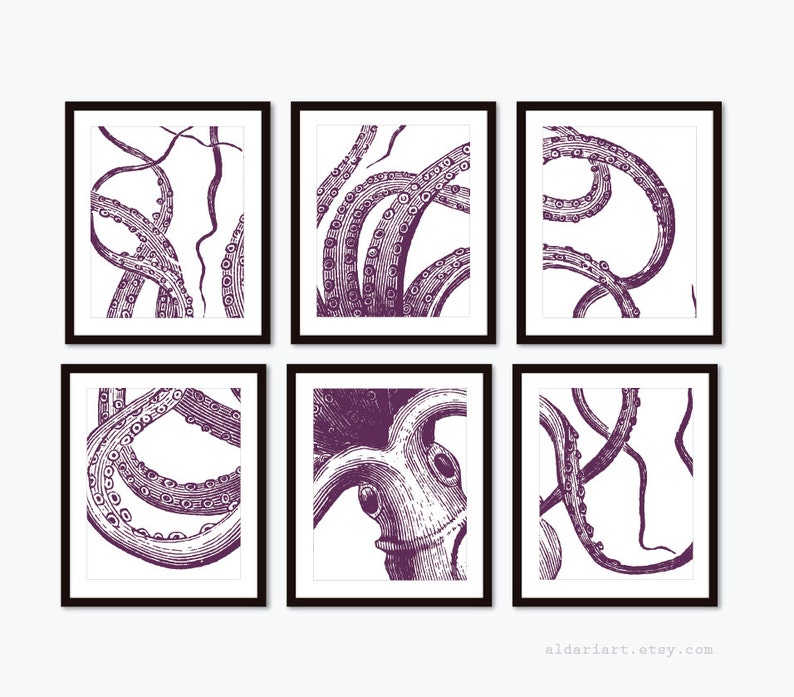 Octopus Art Set of 6 unframed prints Nautical Decor Octopus Wall Art Octopus Prints Nautical Wall Art