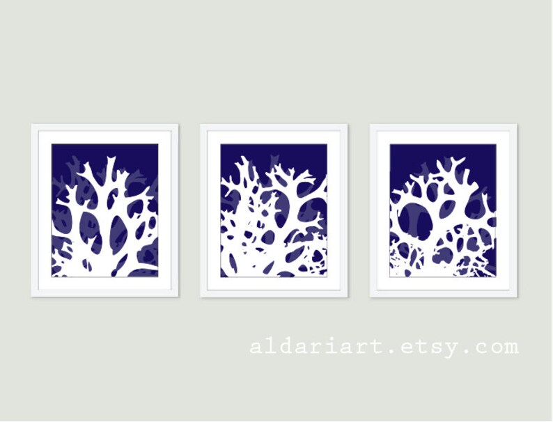 Coral Prints Navy Blue Coral Wall Art Abstract Modern Home Etsy