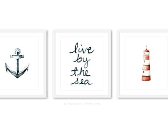 Seahorse Print , Starfish print , Nautical Print, live by the sea print, set of 3 prints, 5x7 or 8x10, nautical decor, nautical wall art