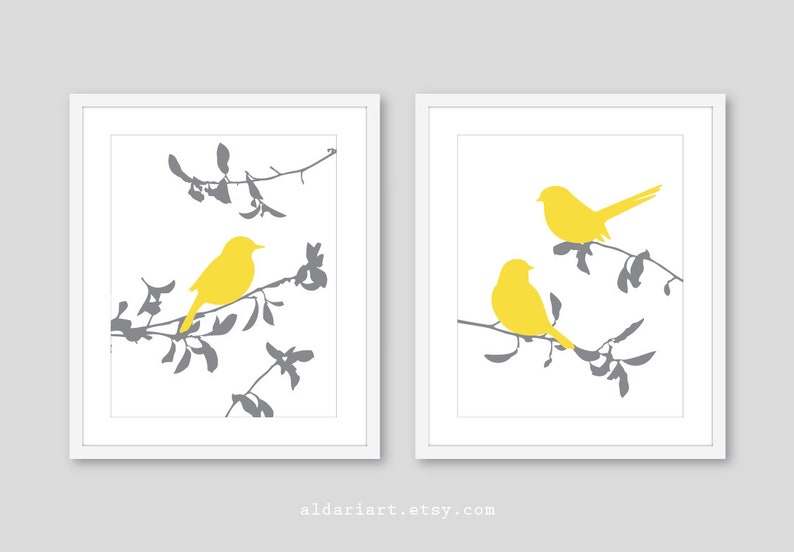 Bird Art Prints Bird wall decor modern birds on branches art prints bird decor bedroom decor orange and grey decor CHOOSE YOUR COLORS