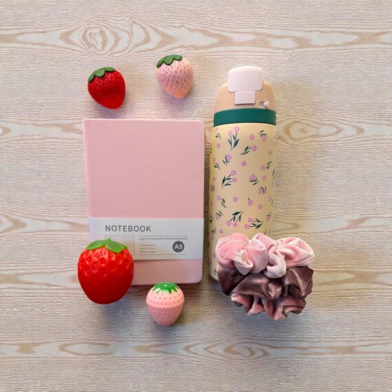 Strawberry Self Care Gift Box – Pink Journal, Scrunchies & Water Bottle